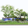 Lush Garden Bushes with Green Trees Colorful Flowers and Blue Decorative Container