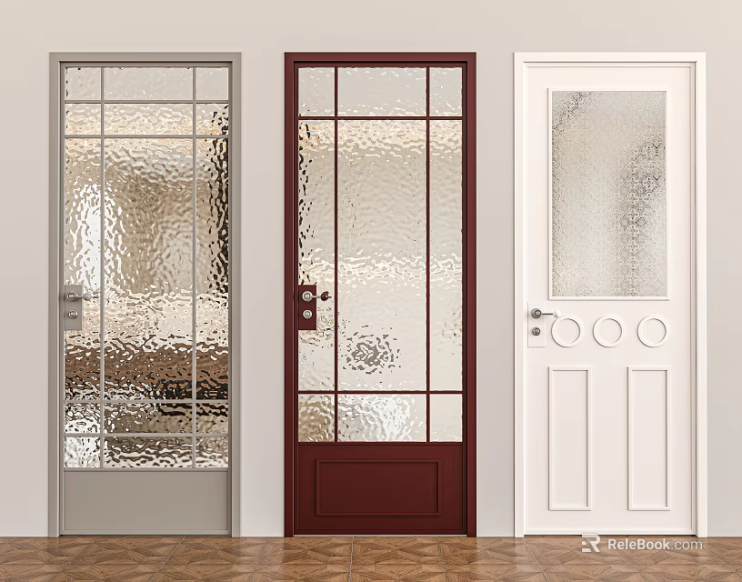 Stylish Swing Doors In Gray Burgundy White Frames With Textured Glass And Round Accents 3d model 