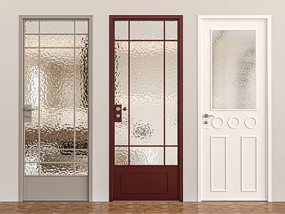 Stylish Swing Doors In Gray Burgundy White Frames With Textured Glass And Round Accents 3d model