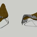 Two Modern Curved Brown Leisure Chairs With Metal Frame And Checkered Blanket