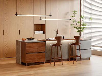 Modern Bar Counter Interior Design With Wooden Cabinets Bar Stools Green Plant And Window 3d model