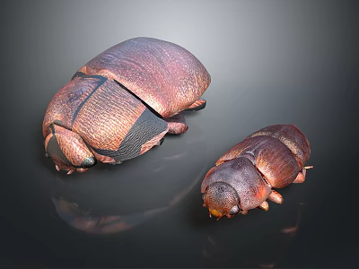 Two Dark Brown Glossy Beetles With Textured Exoskeleton Isolated On Dark Background 3d model