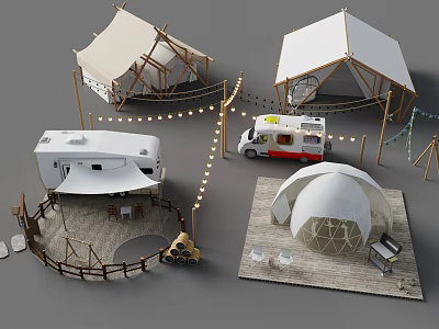 Outdoor Camping Furniture Setup With Tents RVs Dome Tent Tables Chairs And String Lights 3d model