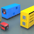 Industrial Generators In Blue Yellow Red Colors With Different Sizes And Power Features