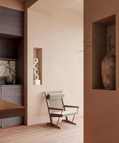 Minimalist Accent Chair With Wooden Frame Light Cushion And Decorative Vase In Modern Interior 3d model