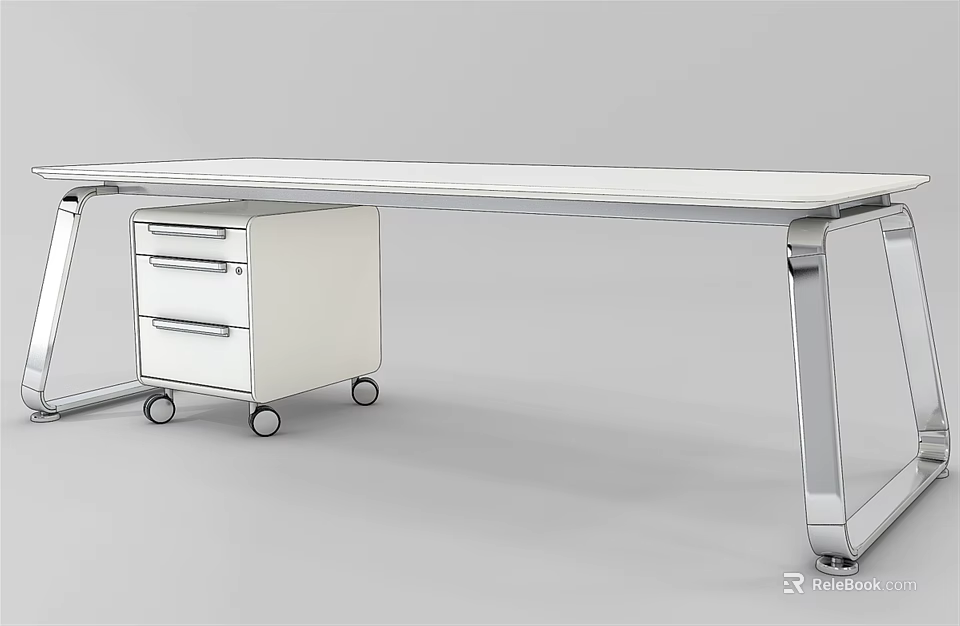 Modern Office Desk With White Surface Metal Frame And Mobile Drawer Cabinet 3d model 