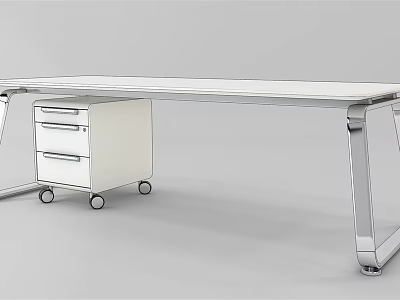 Modern Office Desk With White Surface Metal Frame And Mobile Drawer Cabinet 3d model