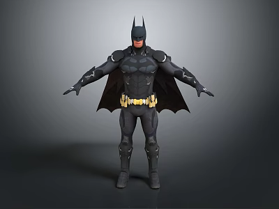 Batman Game And Movie Character 3D Render With Black Costume Yellow Utility Belt And Bat Cape 3d model
