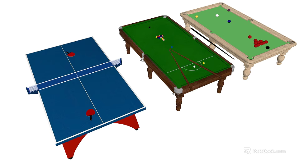 Sports Equipment Including Blue Ping Pong Table And Green Light Colored Billiard Tables 3d model 