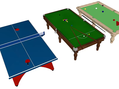 Sports Equipment Including Blue Ping Pong Table And Green Light Colored Billiard Tables 3d model
