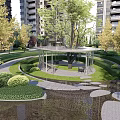 Lush Green Residential Landscape With High Rise Buildings Pavilion Pond And Pathways