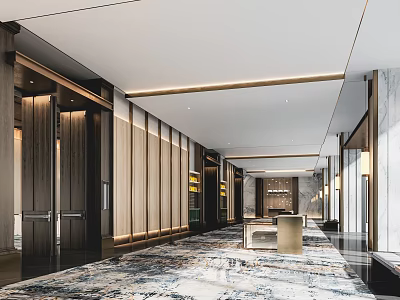 Luxurious Hotel Lobby Interior With Marble Walls Wooden Panels And Reception Desk 3d model
