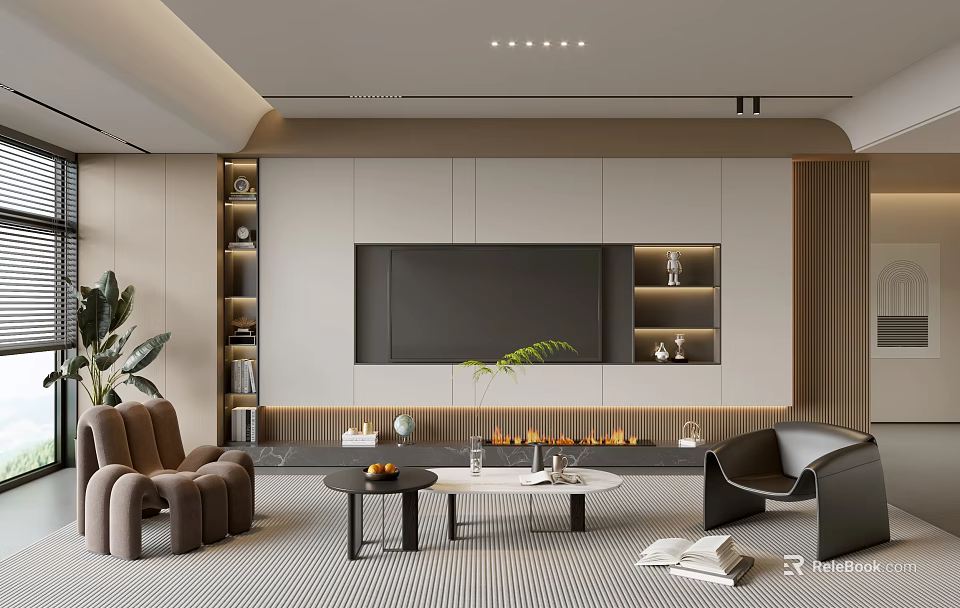 Modern Minimalist Neutral Living Room With Built In TV Wall And Cozy Stylish Lounge Furniture 3d model 