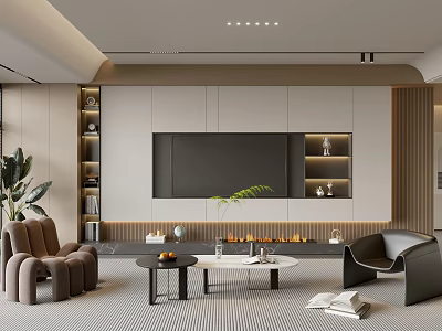 Modern Minimalist Neutral Living Room With Built In TV Wall And Cozy Stylish Lounge Furniture 3d model