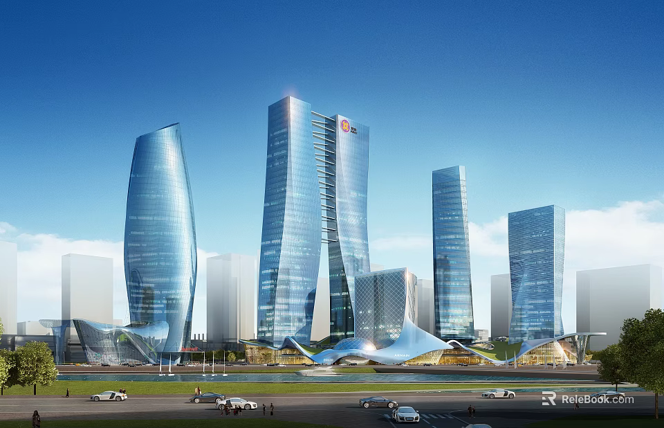 Modern High Rise Office Building Complex With Glass Facade And Urban Architectural Design 3d model 