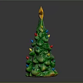Decorated Green Christmas Tree Plant With Layered Branches Yellow Star On Top And Colorful Decorations