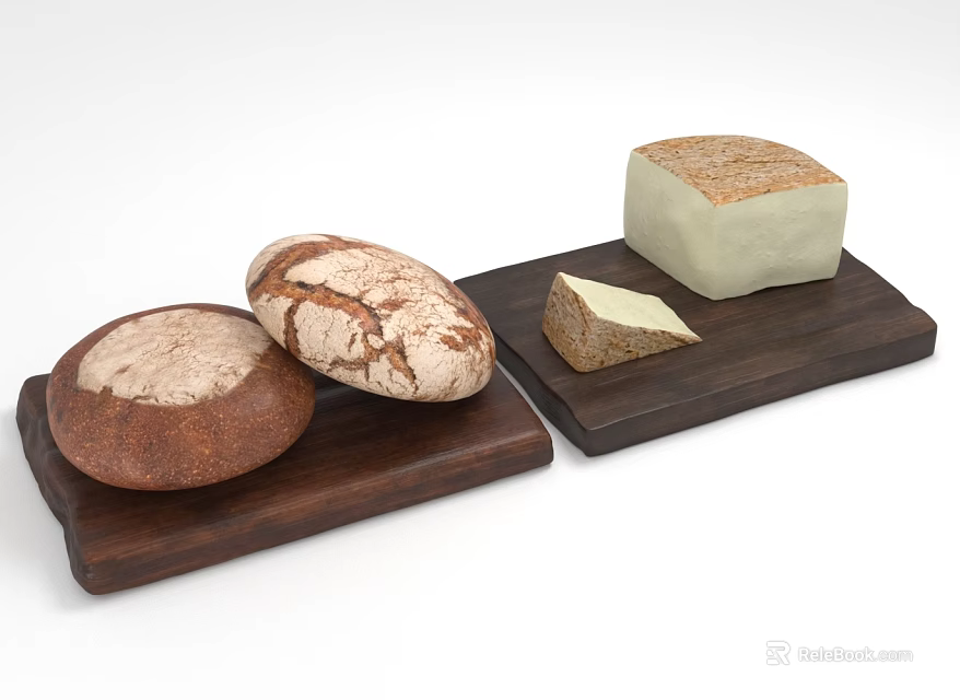 Fresh Baked Bread Loaves And Cheese Slices Arranged On Wooden Boards 3d model 
