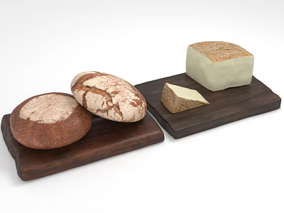 Fresh Baked Bread Loaves And Cheese Slices Arranged On Wooden Boards 3d model
