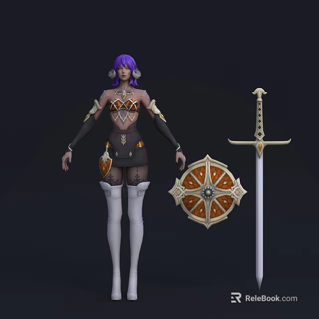 Game Character with Purple Hair in Decorative Armor Outfit Holding Sword and Shield 3d model 