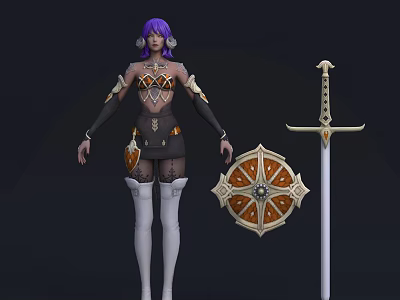 Game Character with Purple Hair in Decorative Armor Outfit Holding Sword and Shield 3d model