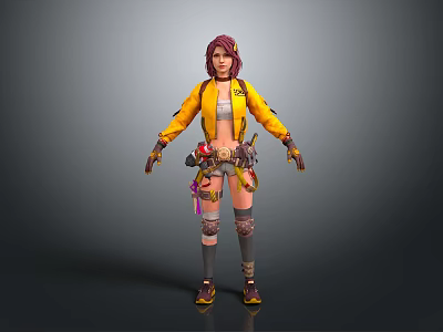 3D Adventurous Character With Purple Hair Yellow Jacket Knee Pads And Utility Belt 3d model