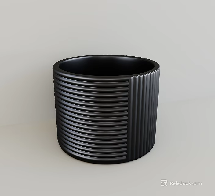 Modern Black Ceramic Vessel with Vertical Striped Texture on Light Background 3d model 