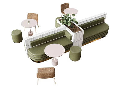Green Upholstered Public Bench With Round White Tables Brown Chairs Green Stools And Potted Plant 3d model