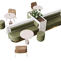 Green Upholstered Public Bench With Round White Tables Brown Chairs Green Stools And Potted Plant