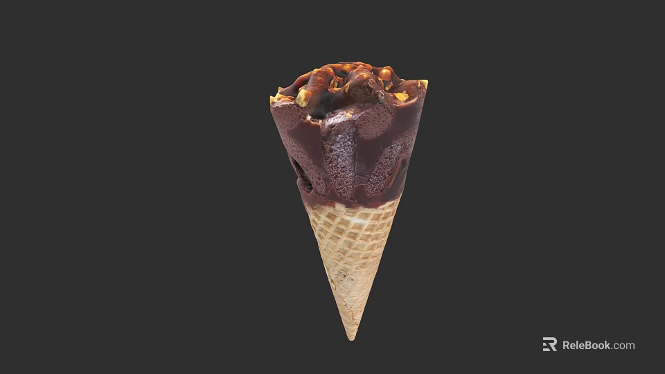 Delicious Chocolate Ice Cream Cone With Waffle Cone And Crunchy Nuts Topping 3d model 