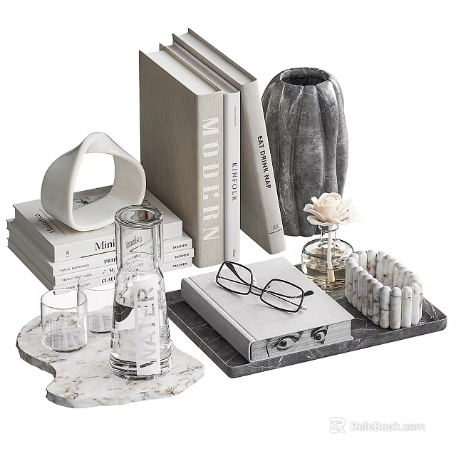 Modern Decorative Ornament Set With Books Marble Vase Tray Eyeglasses And Glassware 3d model 
