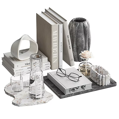 Modern Decorative Ornament Set With Books Marble Vase Tray Eyeglasses And Glassware 3d model