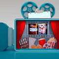 Movie Themed Photo Check-in Spot With Projector Red Curtains Popcorn And Film Reels