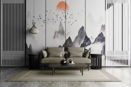New Chinese double sofa background 3d model