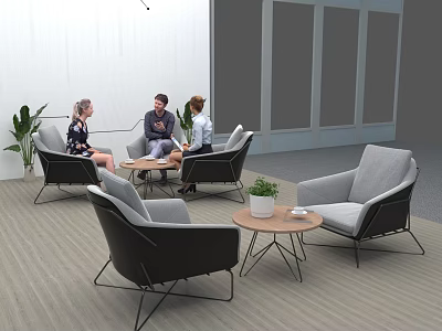 Modern Tea Table And Chairs In Cozy Lounge Area With People Chatting And Green Plants 3d model