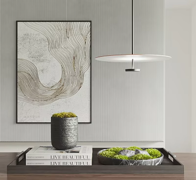 Elegant Modern Interior Decorative Ornament Set With Abstract Painting Ceramic Vase And Green Moss 3d model