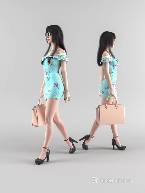 Woman in blue off-shoulder floral dress carrying pink handbag wearing black high heels side view 3d model 