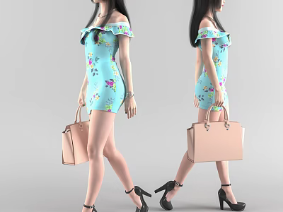 Woman in blue off-shoulder floral dress carrying pink handbag wearing black high heels side view 3d model