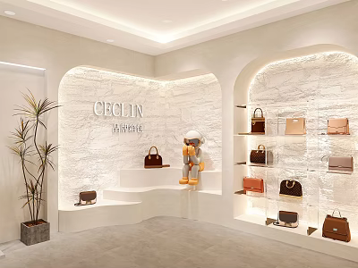 CECLIN Marie Handbags Display Area With Stone Wall Shelves Doll And Green Plant 3d model