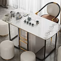 Modern Tea Table and Chairs with Marble Top Gold Black Frame White Stools Tea Set 3d model