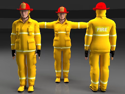 Man in Yellow Fire Suit With Red Helmet Front Side and Back Views 3d model