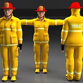 Man in Yellow Fire Suit With Red Helmet Front Side and Back Views
