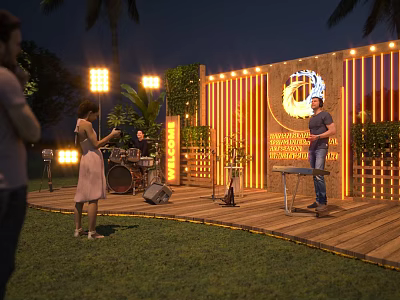 Outdoor Stage at Night with Illuminated Wooden Structure and Green Plants for Live Performance 3d model