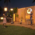 Outdoor Stage at Night with Illuminated Wooden Structure and Green Plants for Live Performance