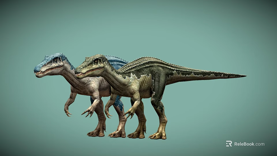 Realistic 3D Two Dinosaurs With Blue Green Skin On Pale Green Background 3d model 