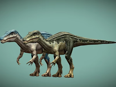 Realistic 3D Two Dinosaurs With Blue Green Skin On Pale Green Background 3d model