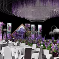 Elegant Banquet Hall With Purple Flowers Crystal Chandelier White Tables And Decorative Paintings