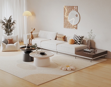 Modern Cream Style Sofa Coffee Table Combination Fabric Sofa Mother and Mother Coffee Table Pillow Decorative Painting Single Person Sofa 3d model