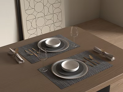Elegant Dinnerware Set With Plates Bowls Cutlery Wine Glasses And Placemats On Wooden Table 3d model