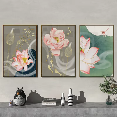 Three Panel Lotus Plant Paintings With Pink Flowers Golden Accents And Colorful Backgrounds 3d model