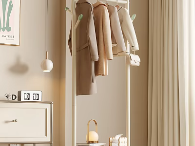 Modern Minimalist Coat Rack with Light Colored Coats and Handbags in Indoor Bedroom Corner with Decorative Lamp 3d model